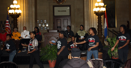 Youngsters from Peace in the Hood dance in the Rotunda of Cleveland City Hall 