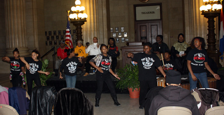 Youngsters from Peace in the Hood dance in the Rotunda of Cleveland City Hall 