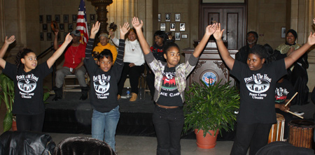Youngsters from Peace in the Hood dance in the Rotunda of Cleveland City Hall 