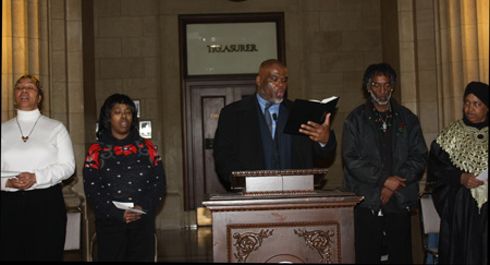 William Marshall leading the crowd in singing Lift Every Voice and Sing, known as The Black National Anthem.