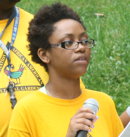 Timia Reed reads the history of Juneteenth