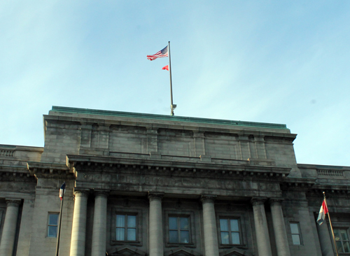 Flag of Albania flying over Cleveland City Hall