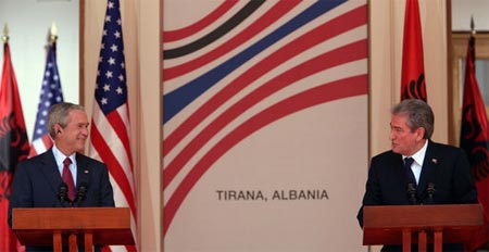 Albania's Prime Minister Sali Berisha with former U.S. President George W. Bush in Tirana, June 2007.