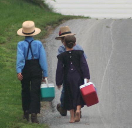 Amish children walking to school