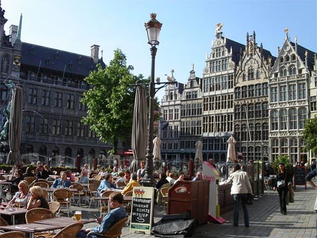 Antwerp Belgium Grote Markt  (main square): open air cafs, City Hall and guildhouses in background.