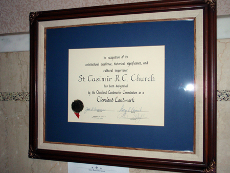 Cleveland Landmark certificate for St Casimir Church in Cleveland Ohio