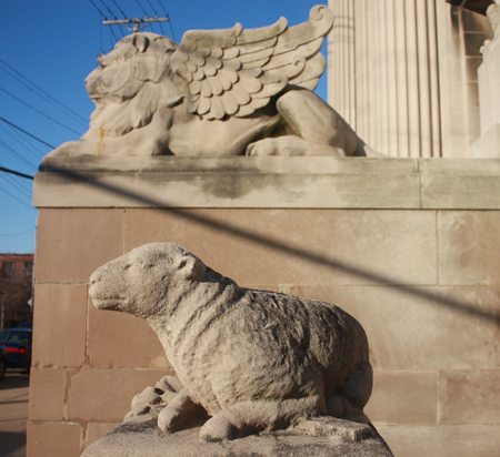 Lamb and Lion statues at St. Colman Catholic Church