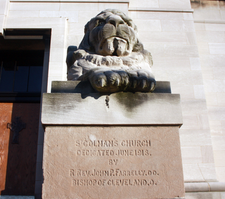 Lion statue in front of St. Colman Catholic Church