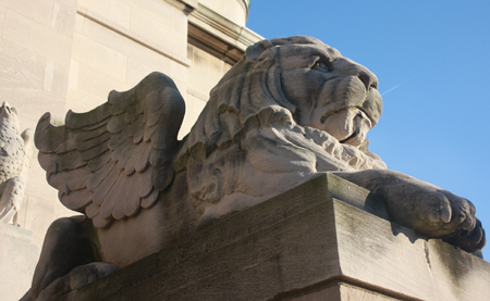 Lion statue in front of St. Colman Catholic Church