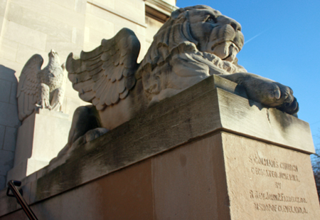 Lion statue in front of St. Colman Catholic Church