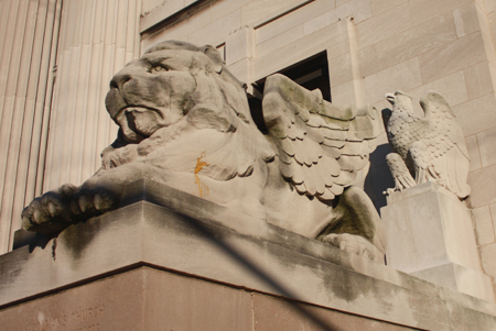 Lion statue in front of St. Colman Catholic Church