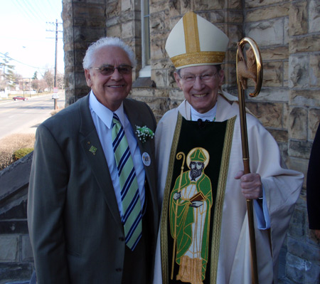 40 year parishioner Bob Weisenseel and Bishop Pevec