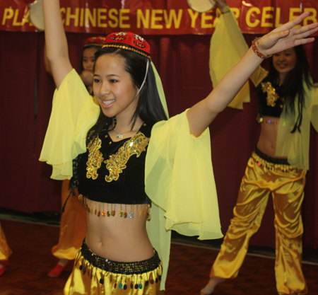 Chinese girls perform tanbourine dance