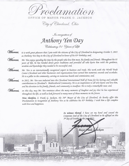 Proclamation of Anthony Yen Day in Cleveland Ohio