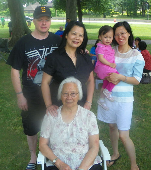 Zhen Guon, Peggy Guon (black shirt), Jamie Walters, Ivy Fong (baby is Sofia)