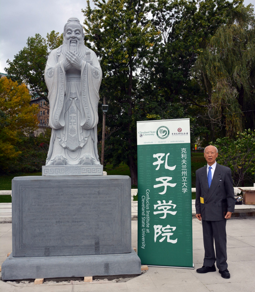 Anthony Yen with New Confucius Statue Cleveland Chinese Cultural Garden