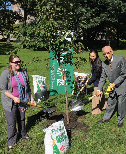 Elizabeth Miller, Lisa Wong and Anthony Yen plant tree in Chinese Cultural Garden