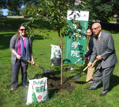 Elizabeth Miller, Lisa Wong and Anthony Yen plant tree in Chinese Cultural Garden