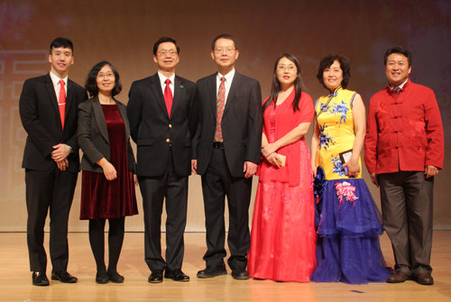 Provost  Dr. Jianping Zhu, the Chief Academic Officer of the University with Dr. Yan Xu, Director, and Xuhong Zhang, Associate Director of the Confucius Institute at Cleveland State University with MCs