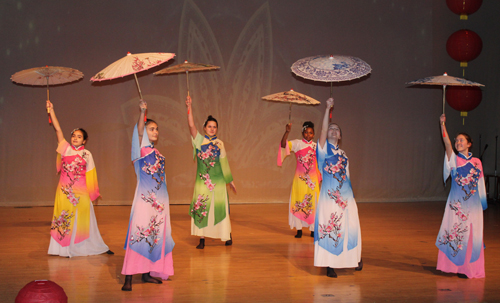 umbrella dance Qing Hua Ci performance by ladies from the Qing Liang Akron STEM Middle School