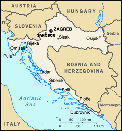 Map of Croatia showing Samobor near Zagreb