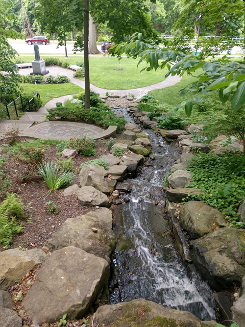 Wtaer flowing from upper to lower level of Croatian Cultural Garden in Cleveland