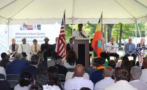 Aklilu Demassie speaking at Ethiopian Garden Dedication