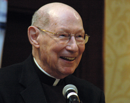 Bishop A. Edward Pevec giving his acceptance speech