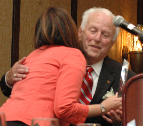 Angie Spitalieri gives Nacy Panzica his Cleveland International Hall of Fame award