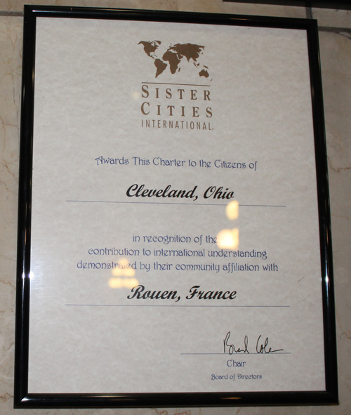 Cleveland Rouen Sister Cities plaque in City Hall