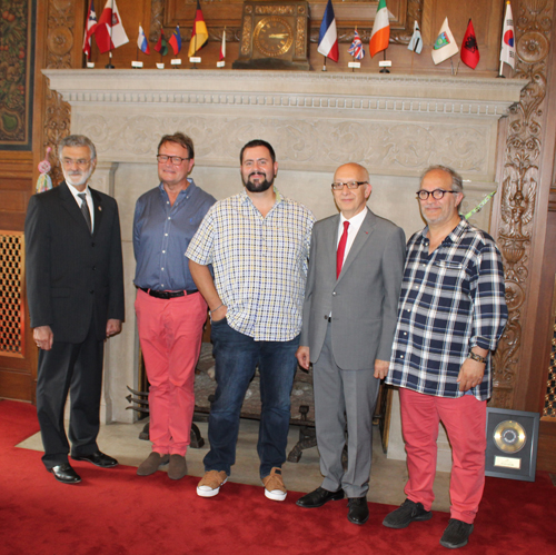 Mayor Jackson and Mayor Robert with chefs from Rouen in Mayor's Room in Cleveland City Hall