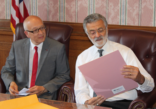 Rouen Mayor Yvon Robert and Cleveland Mayor Frank Jackson in Red Room in Cleveland City Hall