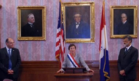 Rouen Deputy Mayor Bruno Bertheuil, Rouen Mayor Valerie Fourneyron and Cleveland Mayor Frank Jackson