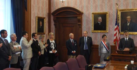 Mayors Valerie Fourneyron and Frank Jackson with part of the Rouen delegation at Cleveland City Hall