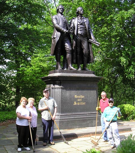 Cleveland German Cultural Garden work crew in front of Goethe Schiller statue (Dan Hanson photos)
