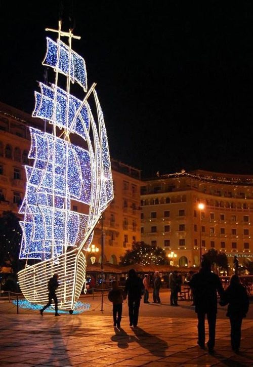 a decorated ship in one of the main streets of the city of Thessaloniki in Greece