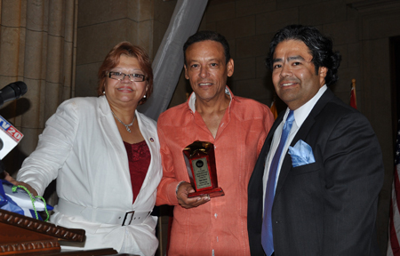 Lucy Torres, Hispanic Liason to the  Mayor with Nano Cabrera, International singer from Puerto Rico and Eduardo Romero, Master of Ceremony