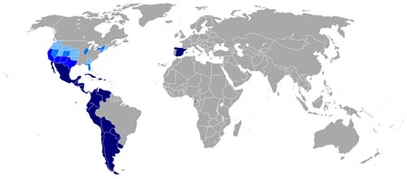 Map of the world showing where Spanish is spoken