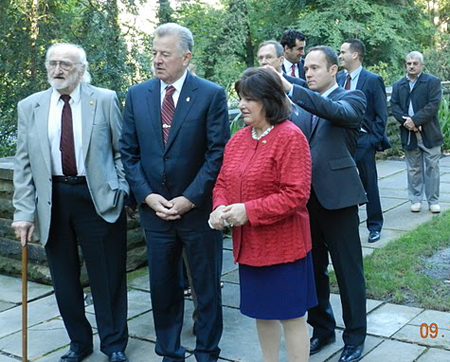 Hungarian president Pál Schmitt in the Hungarian Cultural Garden with Ernie Mihaly and Marika Megyimori.  Garden Landscaper Ed Radick is in back with hands crossed