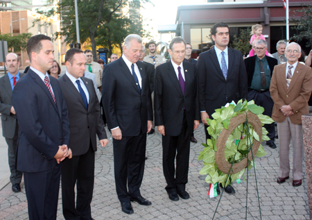 Hungarian President Pl Schmitt and dignitaries in front of the Cardinal Mindszenty statue in Cleveland Ohio