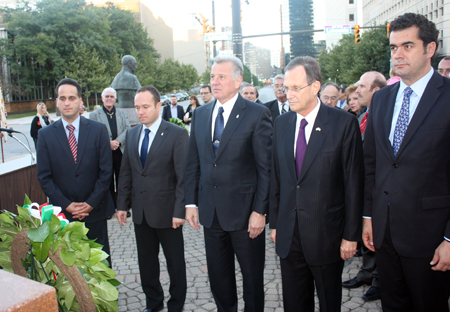 Hungarian President Pál Schmitt and dignitaries in front of the Freedom Fighter statue in Cleveland Ohio