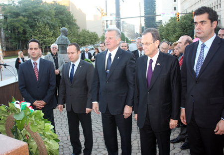 Hungarian President Pl Schmitt and dignitaries in front of the Freedom Fighter statue in Cleveland Ohio