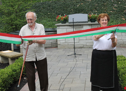 Ernie Mihaly and Carolyn Balogh cut the ribbon in the Hungarain Cultural Garden in Cleveland