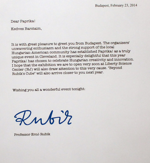 Letter from Erno Rubik to Cleveland Hungarians