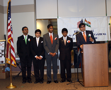 Indian-American young men Ashwin Rane, Ojas Sathe, Nirmal Krishnan, Achyut Nair and Tejas Sathe speak