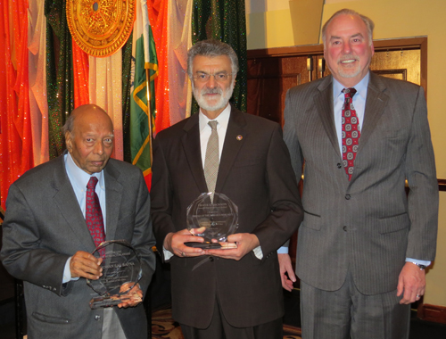 Awardees Dr. Mohan Bafna and Mayor Frank Jackson with CSU President Ronald Berkman