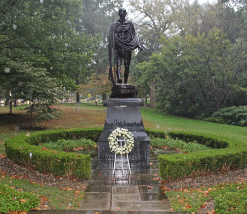 Gandhi statue with wreath