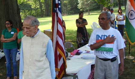 Om Julka, Satish Parikh and others Singing the National Anthems at the India Independence Celebration