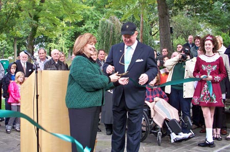 Sheila Murphy Crawford and Ed Crawford cut the ribbon, officially re-opening the Irish Cultural Garden