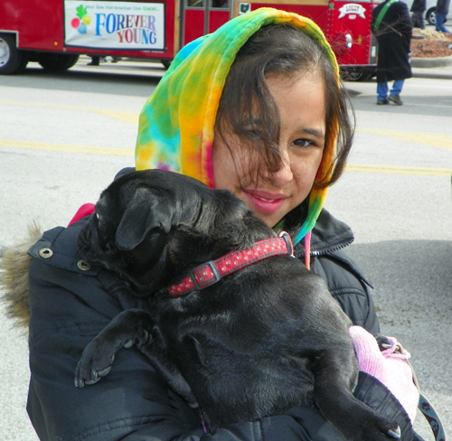 Girl with pug dog at the  2013 Cleveland St. Patrick's Day Parade